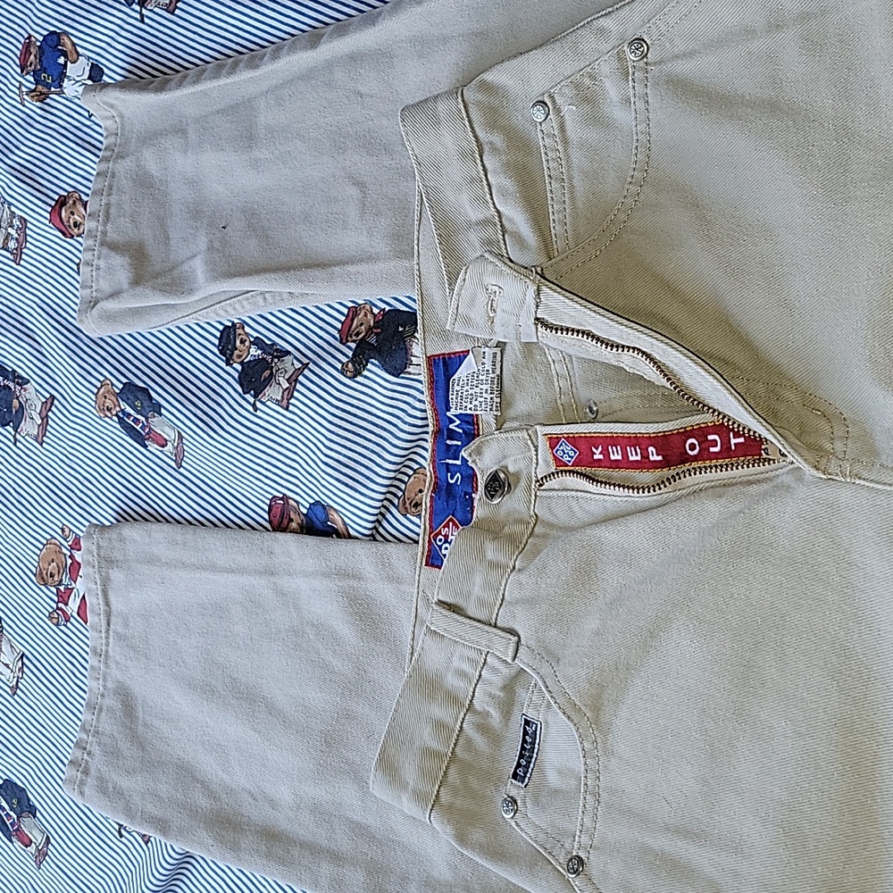 VTG POSTED KEEP OUT KHAKI SLIM JEANS SIZE 7/8 WAIST 29